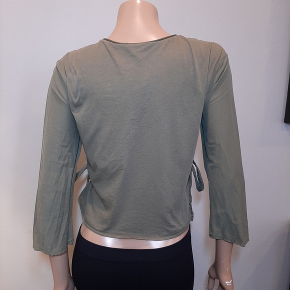 ZARA Side Tie Top Cropped Sleeve Stretchy Olive Army Crew Neck Blouse - Picture 6 of 10